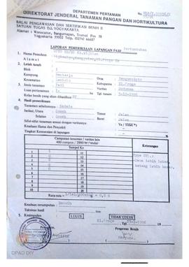 Laporan dari Balai Pengawasan dan Sertifikasi Benih II tentang hasil pemeriksaan lapangan fase pe...